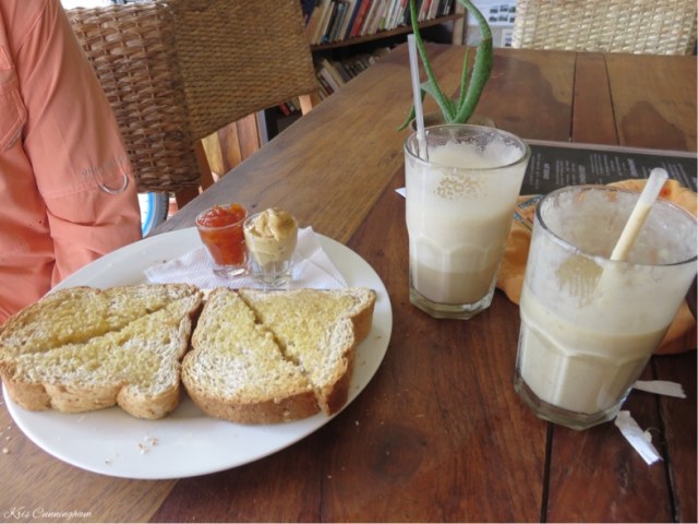 Bandanna, pineapple, mango smoothie for me, iced latte for him, and great toast with homemade peanut butter and preserves. 