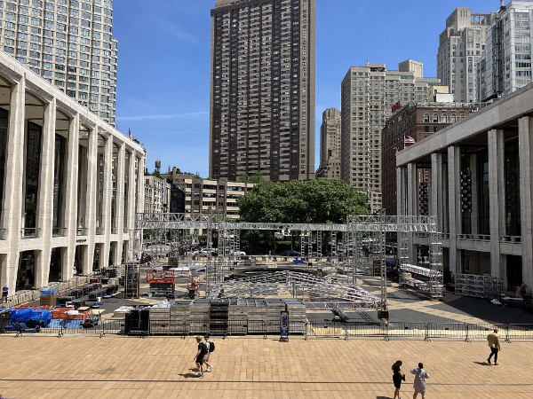 Lincoln Center, looking from the balcony of the Metropolitan Opera house. I spent many fun times at the fountain that is now hidden under the stage that is being built