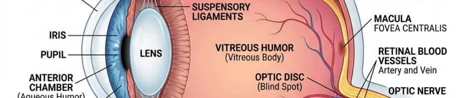 Cross-sectional diagram of the human eye with anatomical labels